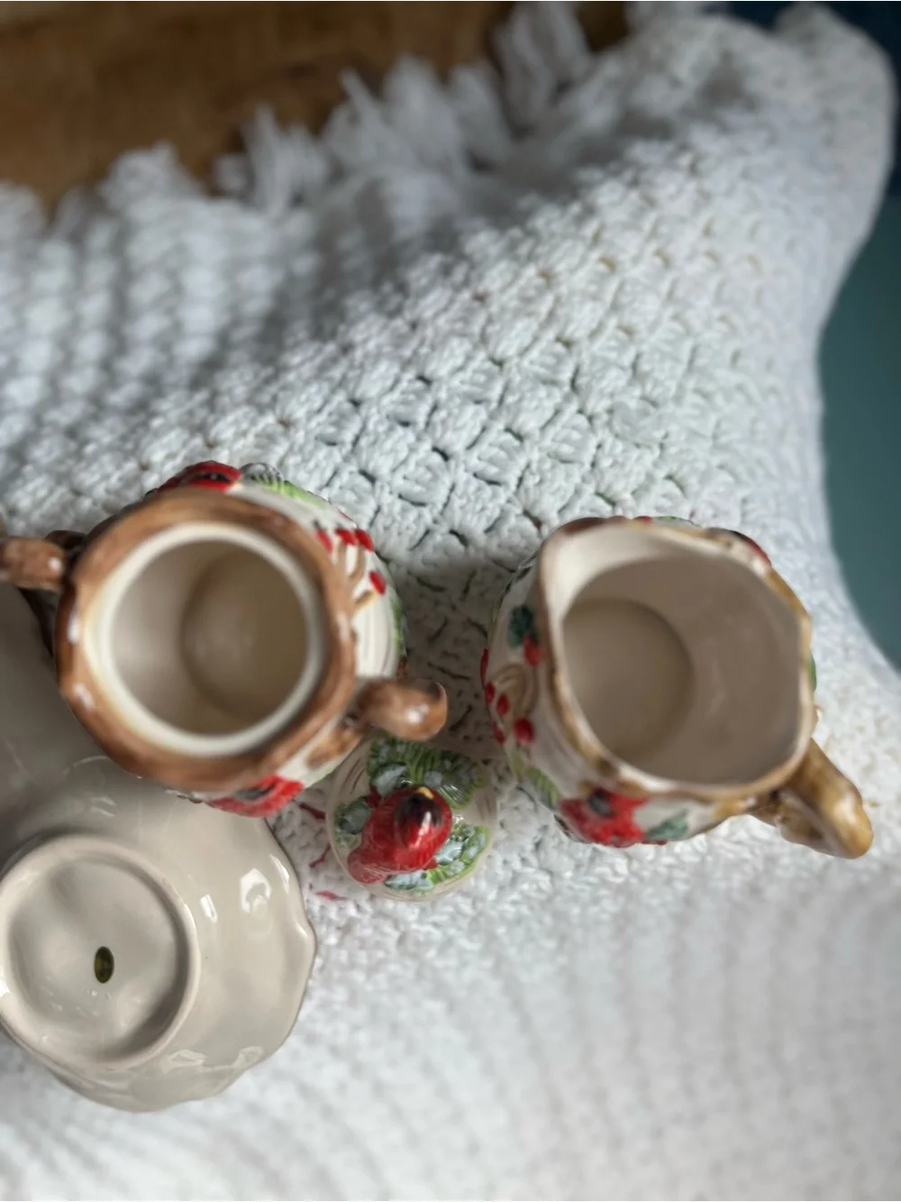 Christmas Traditions Red Cardinal Bird Sugar Bowl, Creamer Set and Spoon Rest